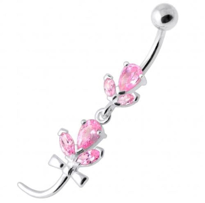 Tri Gems with tail Dangling Silver Belly Ring