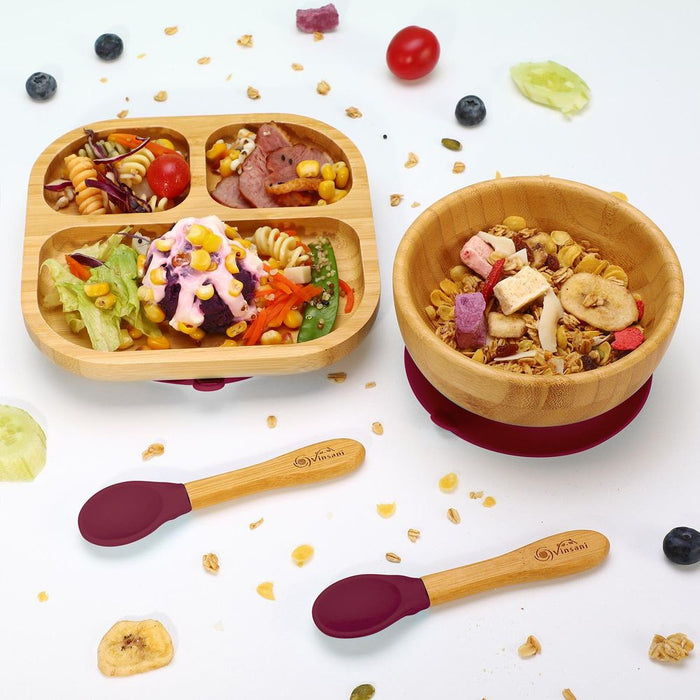 BPA-FREE BAMBOO BOWL & PLATE SET: Suction Base, Easy Clean, Anti-Scalding - Perfect for Balanced Meals!