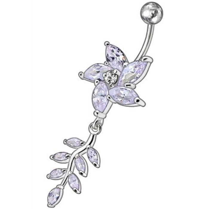 Fancy flower With Leafs Jeweled Silver Dangling Banana Belly Ring