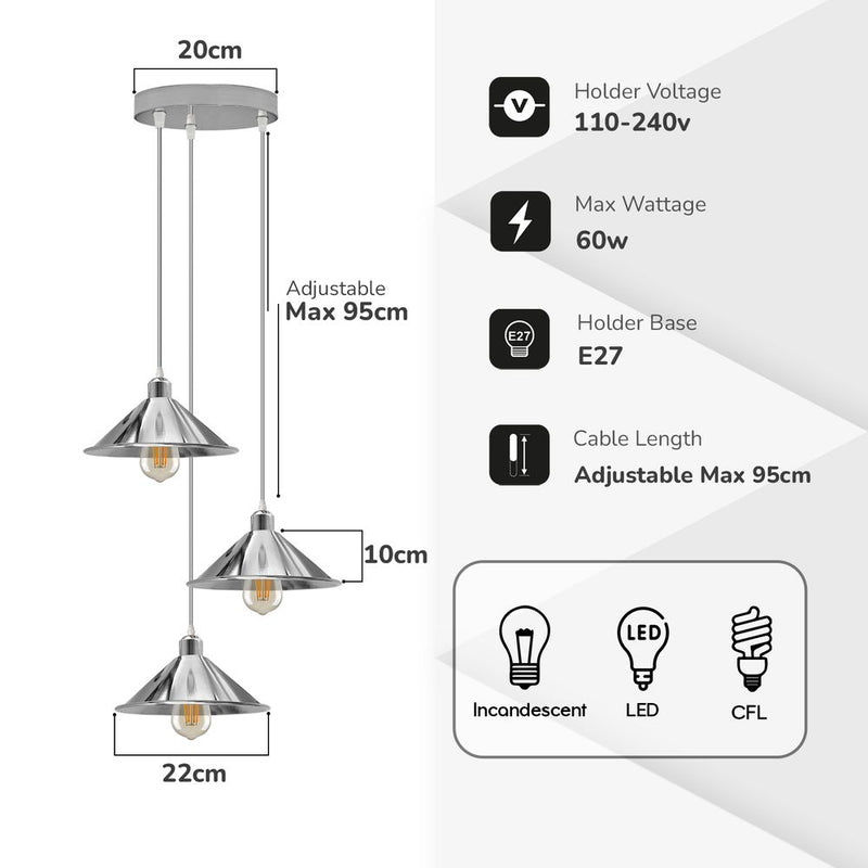 Vintage Industrial Pendant Light - 3 Head Round Base - High Quality - Rustic Charm - Easy Installation - Perfect for Any Room