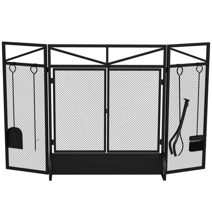 HOMCOM 3 Panel Folding Fire Guard with Tool Doors Fire Screen Spark Guard