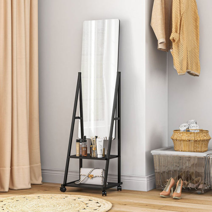 HOMCOM Movable Full Length Mirror with 2 Shelves - Adjustable, Full Body Reflection