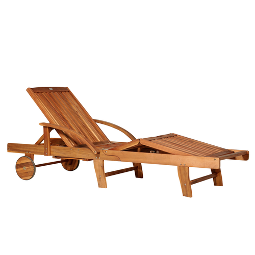 Garden Wood Sun Bed Lounger Chaise Recliner Adjustable Back Footrest w/ Wheels