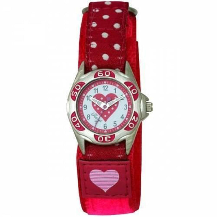 Ravel Girls Hot Pink Polka Dots Heart Time Teacher Velcro Strap Watch R1507.24 - CLEARANCE NEEDS RE-BATTERY