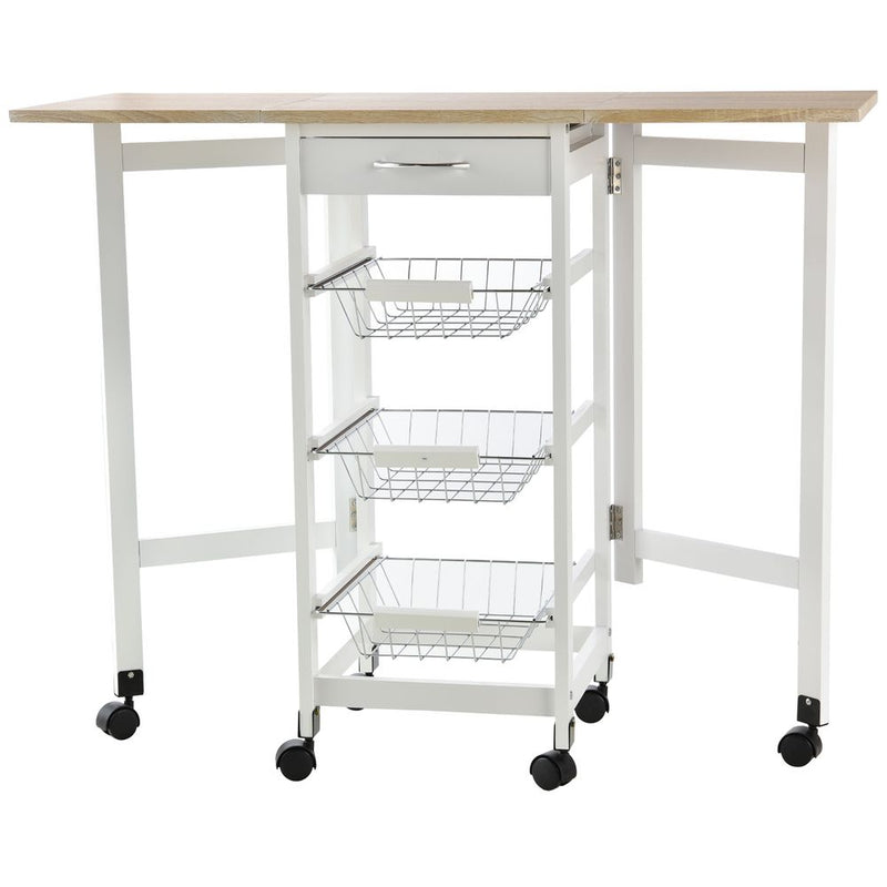 MDF Extendable Kitchen Island Trolley - White, Steel Drawers, Oak Countertop