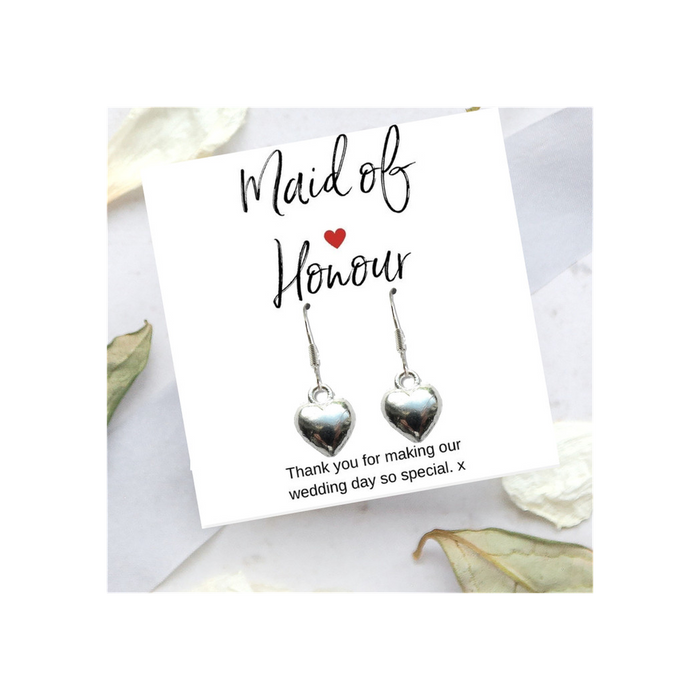 Heart Earrings & Thank You Card Set - Perfect Gift for Maid of Honour