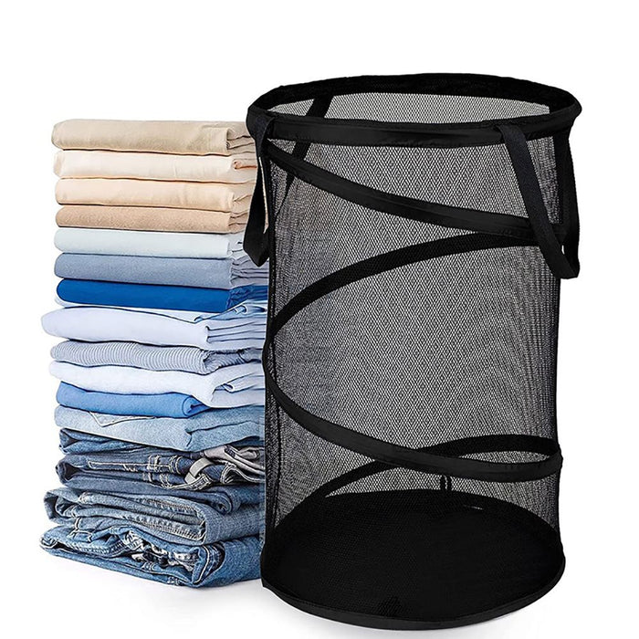 Large Collapsible Laundry Basket Foldable Mesh Pop Up Hamper with Handles for Laundry Room, Bathroom, Kids Room, College Dorm, Travel, Storage Organizer Black ﻿