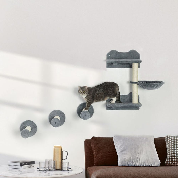 Premium Cat Shelf w/ Scratching Post - Wall-Mounted, Space-Saving, Grey - Ideal for Indoor Cats