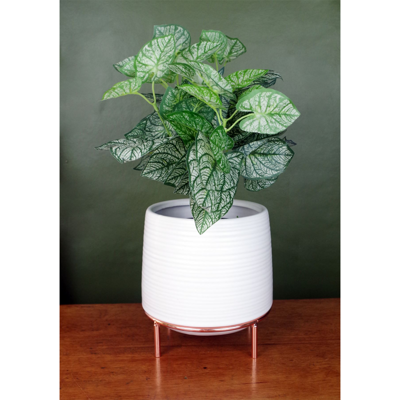 White Ceramic Planter Metal Stand Plant Pot