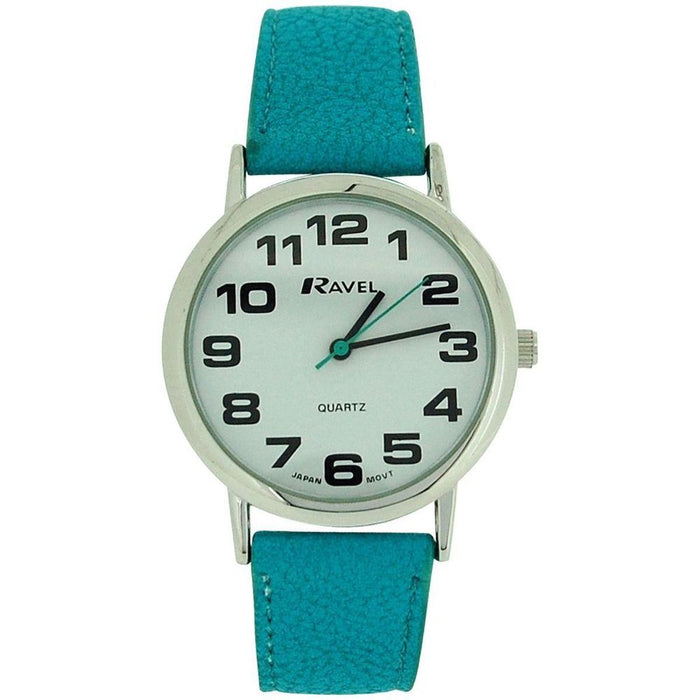 Title (80 characters): "Ravel Unisex Classic Big Dial Blue Leather Strap Watch R0105.13.16A