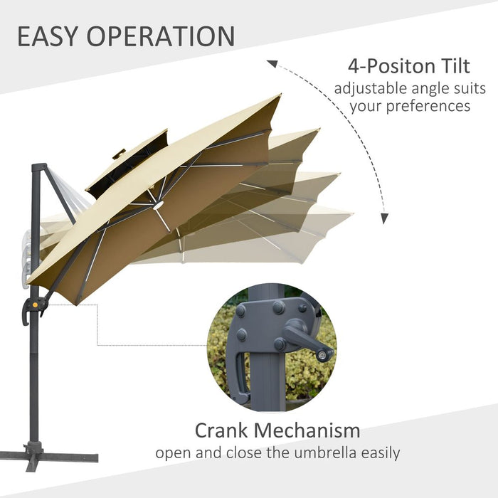 3m Cantilever Patio Umbrella, Solar LED Lighted Crank Handle Khaki