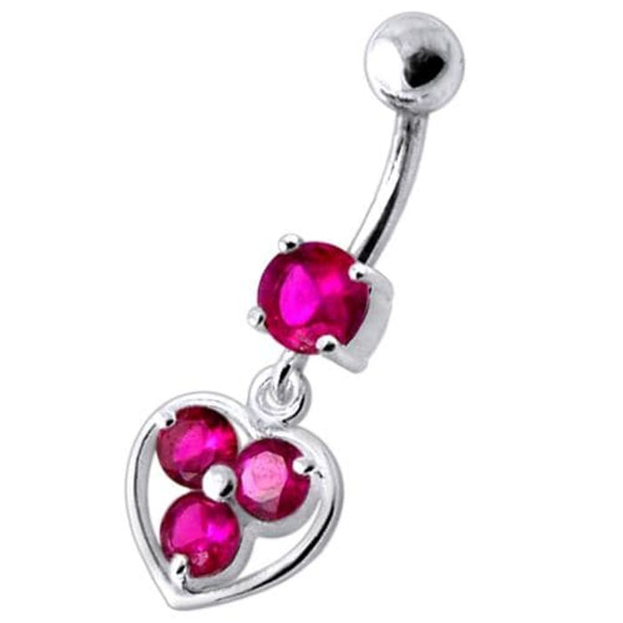 Jeweled Silver Heart Dangling SS Curved Bar Banana Belly Ring