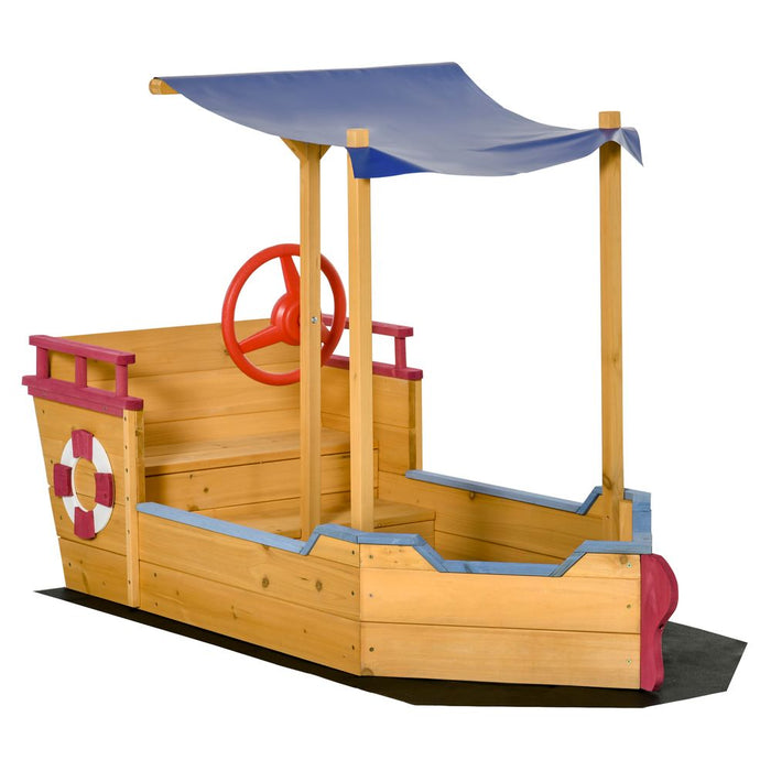 Kid's Wood Sandbox Pirate Sandboat w/ Canopy - Quality Outdoor Toy - Easy Storage - Durable - 103H x 160L x 70Wcm