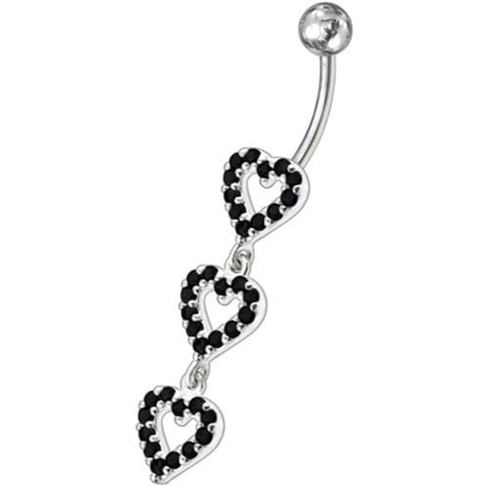 Triple Heart Dangling Fancy Multi Jeweled Curved Bar Belly Ring