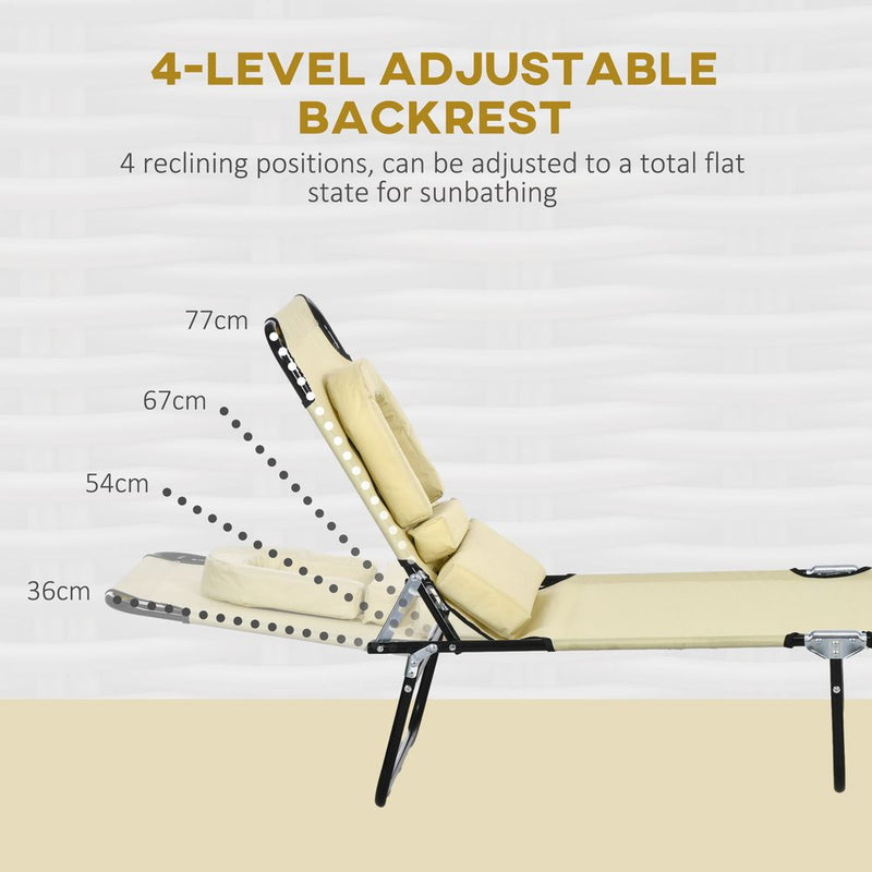 Outsunny Folding Sun Lounger Set of 2 Reclining Chair with Reading Hole Beige