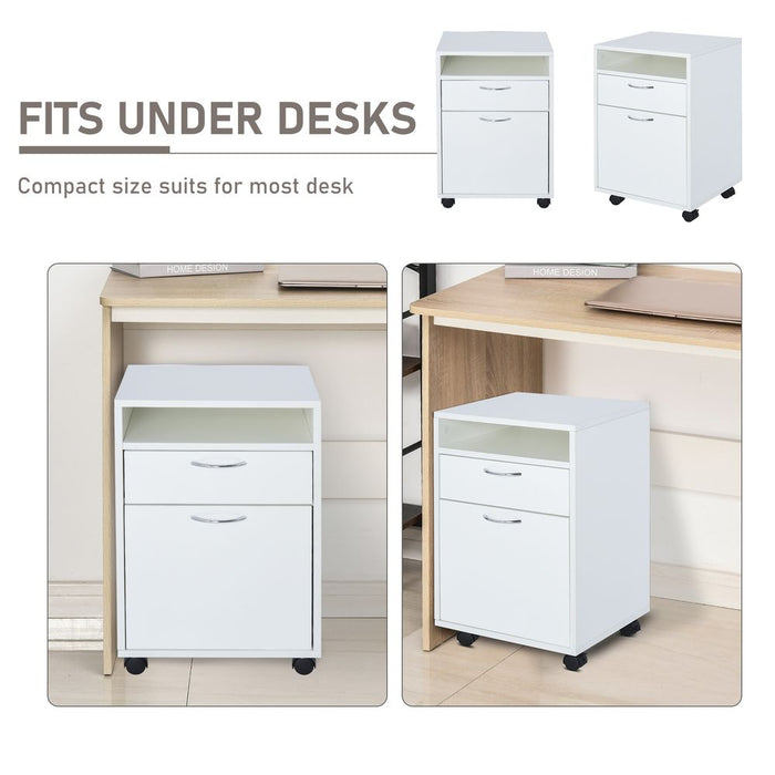 HOMCOM 60cm Storage Cabinet w/Drawer Open Shelf Metal Handles 4 Wheels Office Home Organiser Mobile Printer White