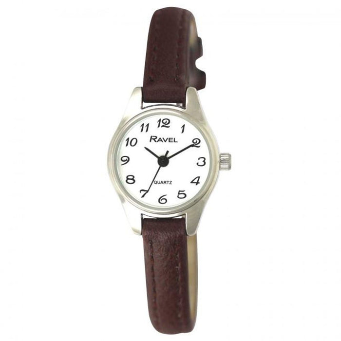 Ravel Ladies Petite Gilt Watch - Polished Round Case, Brown Strap, Full Arabic Dial, Japan Quartz Movement