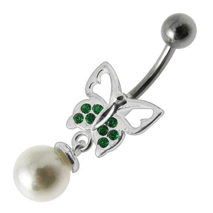 Fancy Butterfly Jeweled Pearl Dangling Curved Belly Ring Body Jewelry