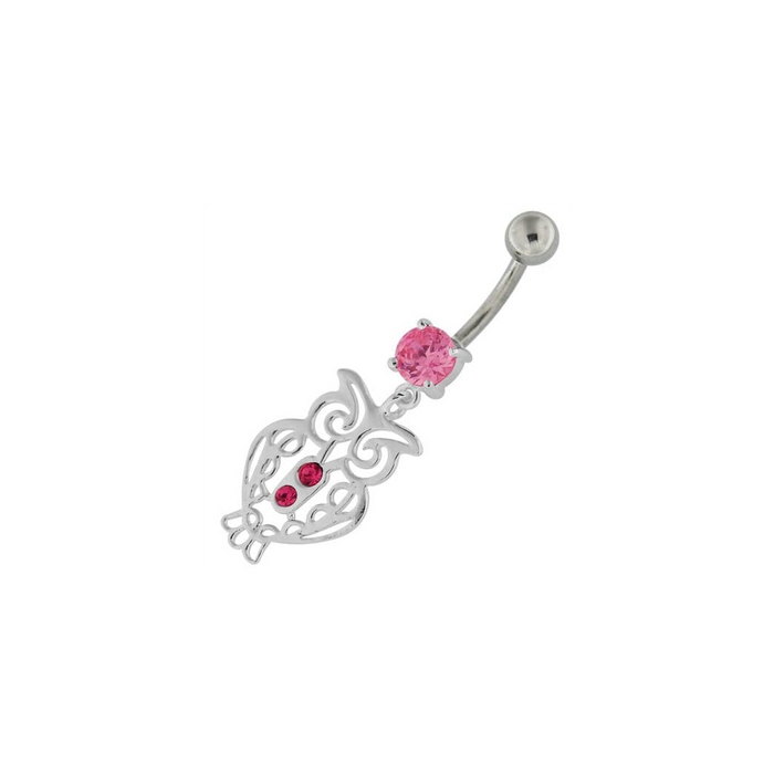 Sterling Silver Jeweled Owl Navel Belly Button Bar