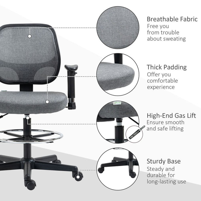 Vinsetto Swivel Office Draughtsman Chair,Ergonomic Painting Chair, Fabric Standing Desk Chair with Adjustable Armrest and Seat Height, Grey