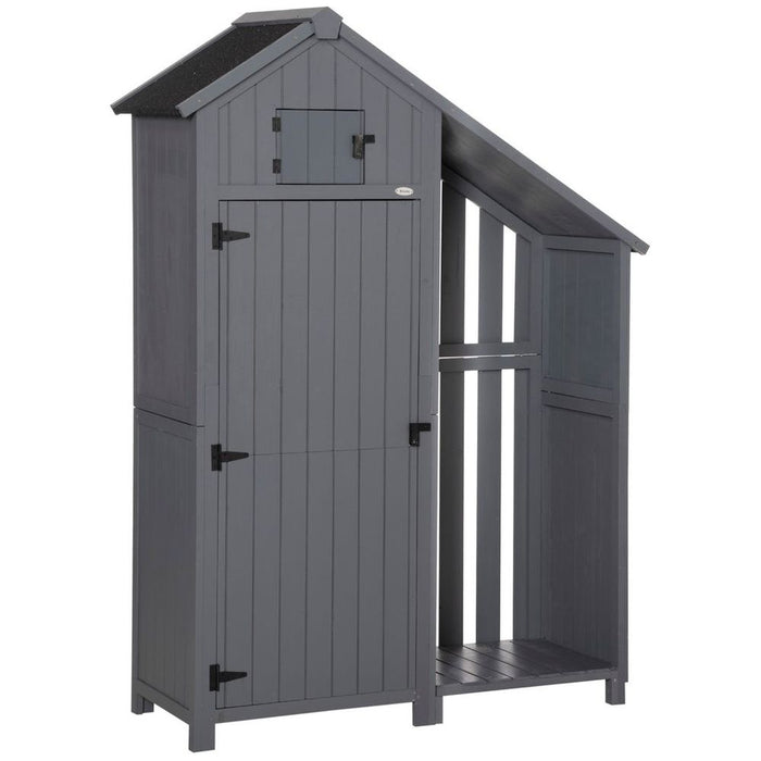 Garden Outdoor Wooden Tool Storage Shed With 3 Shelves, Firewood Rack, Grey