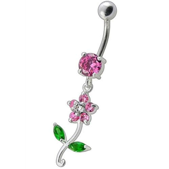 Fancy Flower With Green Jeweled Leafs Dangling Navel Banana Bar Ring