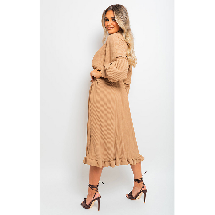 Freya Pleated Frill Button Tie Waist Midi Dress