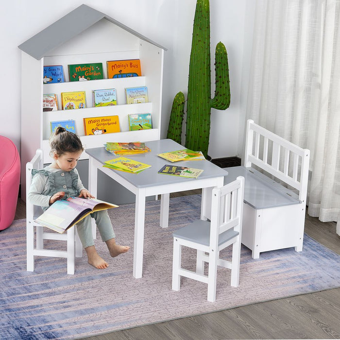 Premium Quality Kids Wood Table Chair Bench Set - Storage Function - HOMCOM