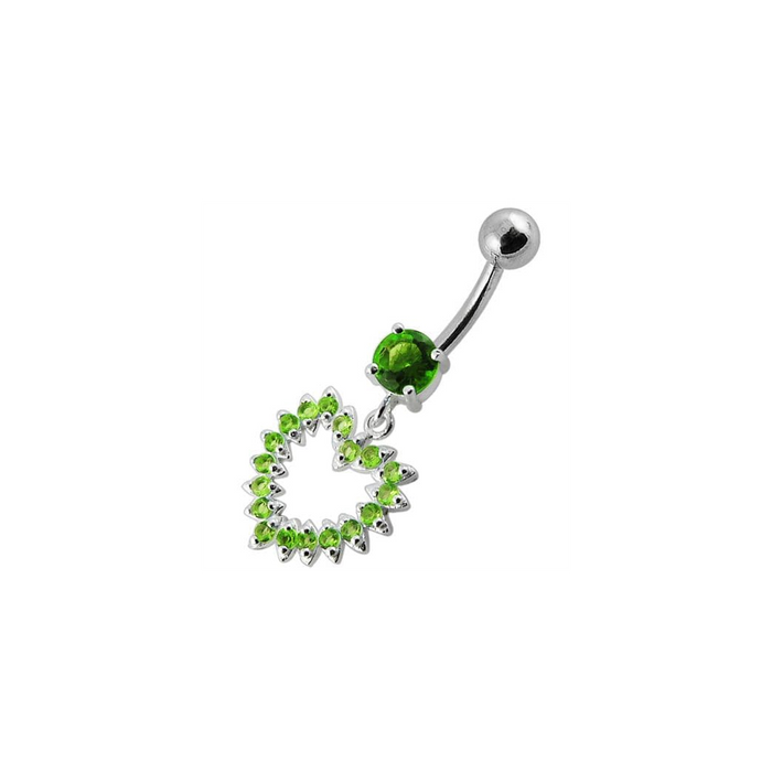 Jeweled Fancy Heart Silver Dangling Banana Bar Navel Belly Ring