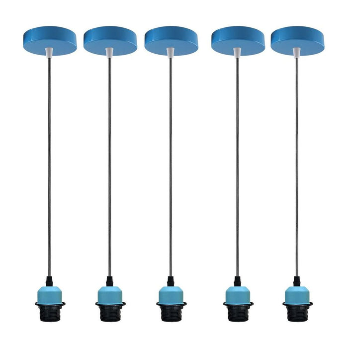 5 Pack Industrial Blue Pendant Light Fitting, Lampshade Addable E27 Lamp Holder Light, E27 UK Holder Set With PVC Cable.