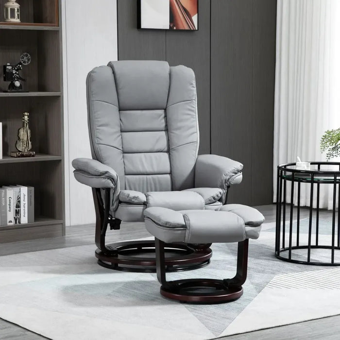 Swivel Manual Recliner and Footrest Set PU Lounge Chair Wood Base, Grey