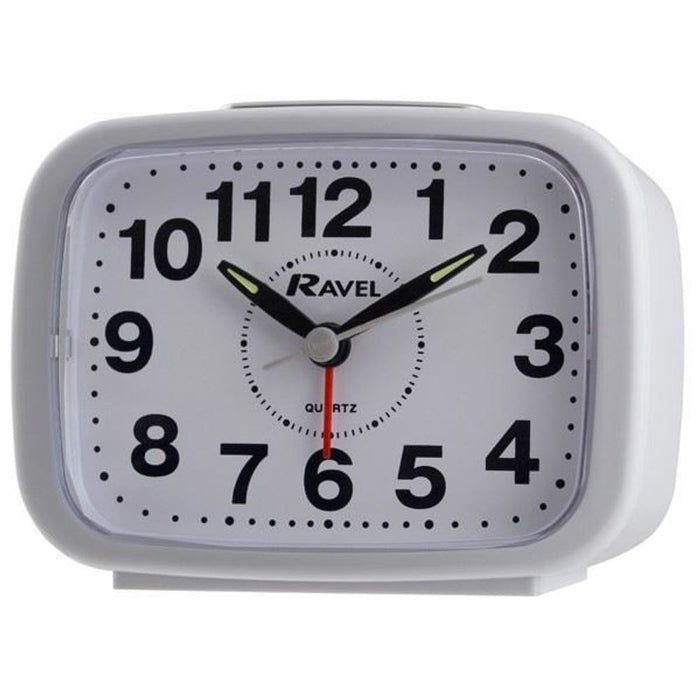 Ravel Square White Alarm Clock RC008.04 - Coloured Plastic Case, Silent Sweep, Beep/Bell Alarm. Quality Quartz Movement.