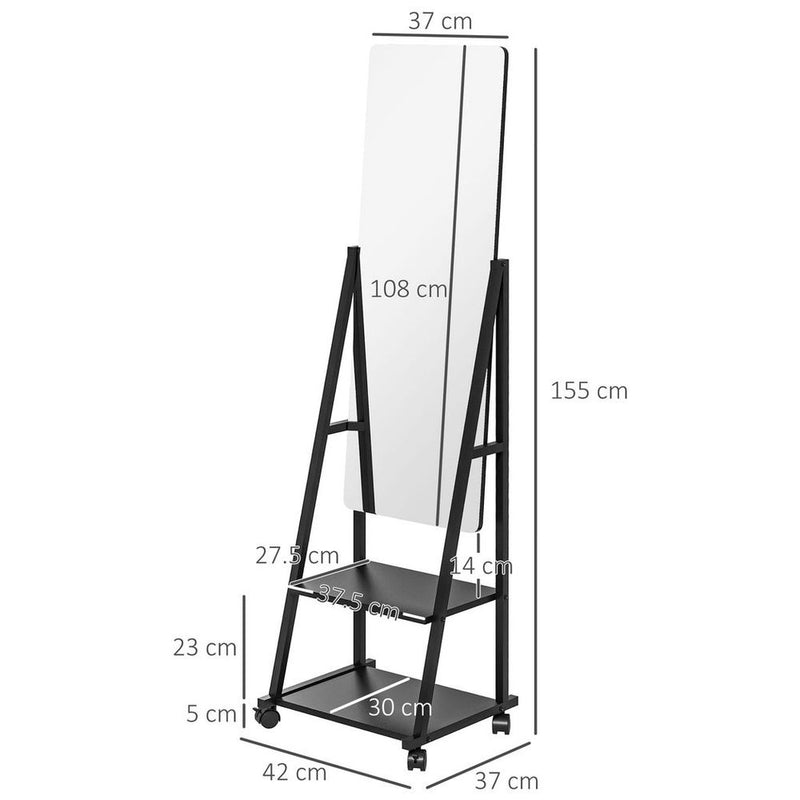 HOMCOM Movable Full Length Mirror with 2 Shelves - Adjustable, Full Body Reflection