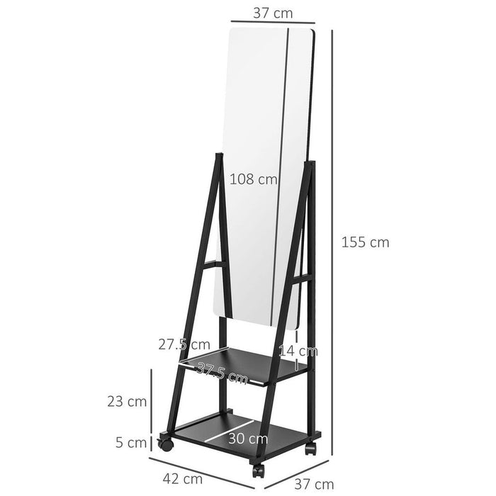 HOMCOM Movable Full Length Mirror with 2 Shelves - Adjustable, Full Body Reflection