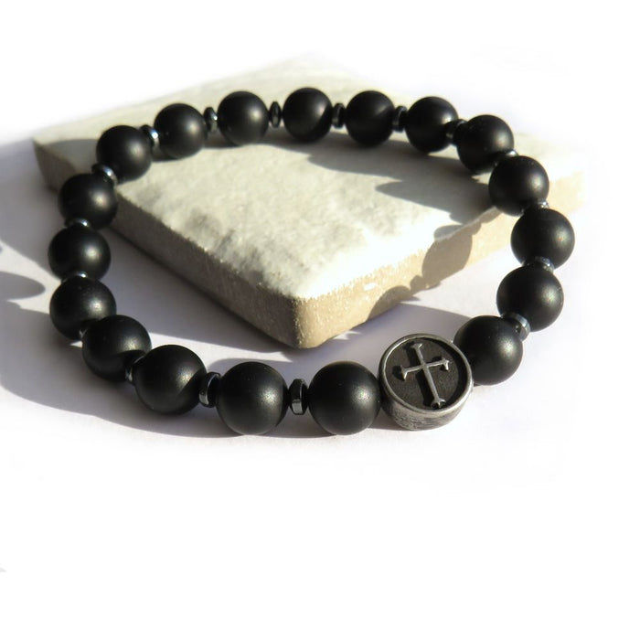 Mens Black Agate Cross Bracelet - High-Quality, Stylish Accessory for Men and Teenagers - Perfect Gift for Birthdays, Father's Day, or Christmas