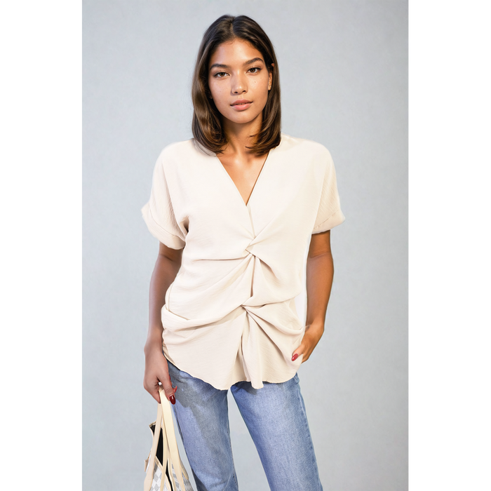 Effortlessly Chic V-Neck Twist Front Top: Perfect for Casual or Formal Settings, Comfortable Fit, Versatile Style