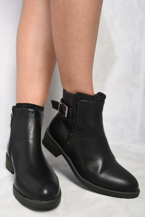 Round Toe Low Heel Ankle Buckle Boots