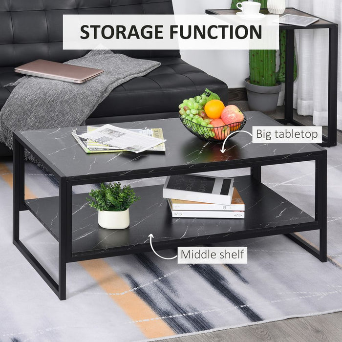 Two-Tier Laminate Marble Print Coffee Table Metal Frame Elegant Style