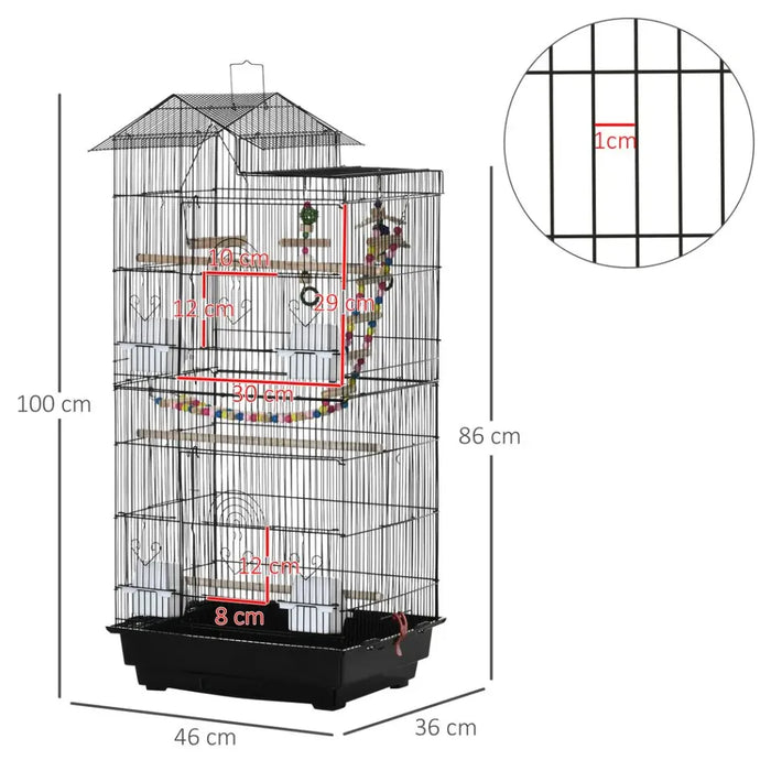 Metal Bird Cage for Budgies, Finches w/ Accessories, Toys, Tray, Handle - Black