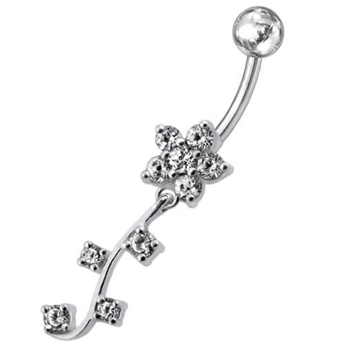 Fancy  Silver Flower Dangling Belly Ring