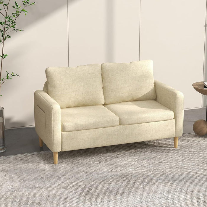 HOMCOM 2 Seater Sofa Modern Fabric Couch with Wood Legs and 2 Pockets Beige