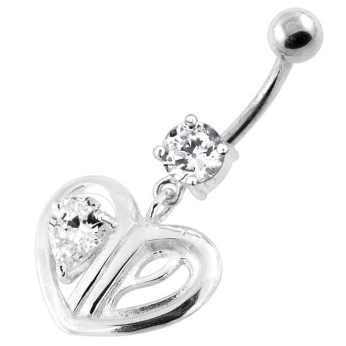 Jeweled Heart Cut out 925 Sterling Silver Navel Bar