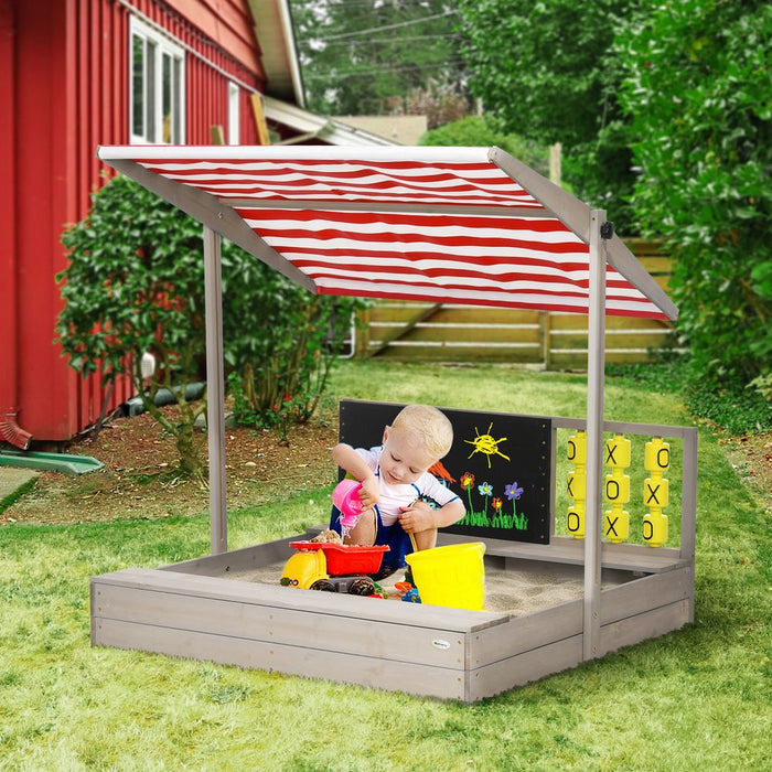 Outsunny Kids Wooden Sandpit, Sandbox w/ Canopy, Seats, for Gardens - Grey