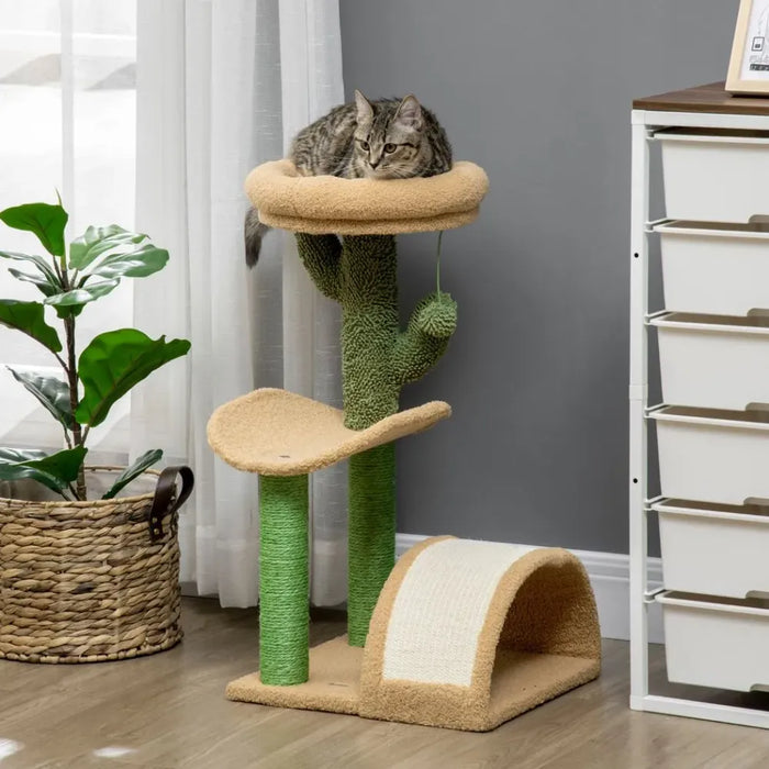 72cm Cat Tree w/ Bed, Toy Ball, Sisal Post, Curved Pad - Beige & Green