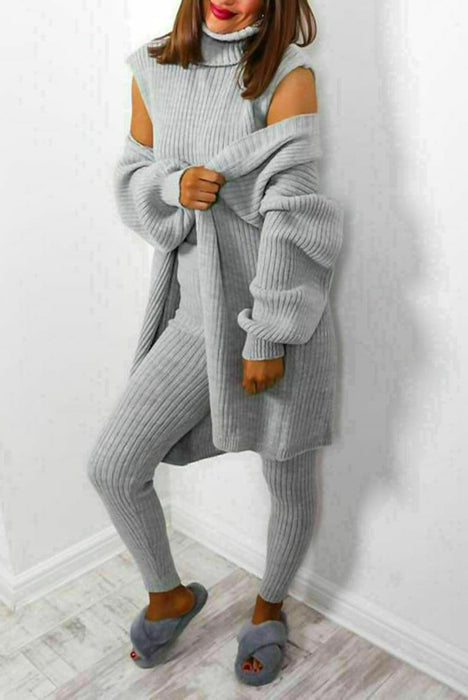 Ladies 3 Piece Suit Roll Neck Chunky Knitted Ribbed Tracksuit Lounge Set