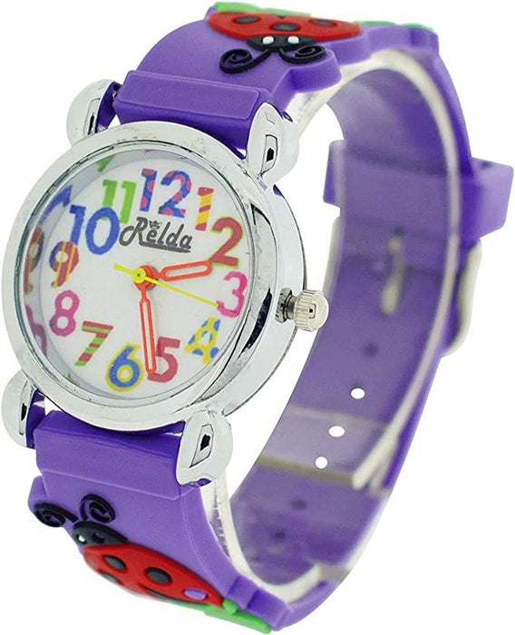 Relda Children's Big Number Analog Ladybird On Purple Silicone Strap Girl's Watch REL105