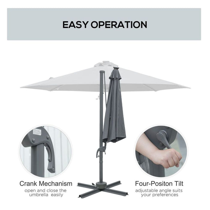 3(m) Cantilever Parasol Patio Umbrella - Solar Lighted, Crank, Dark Grey