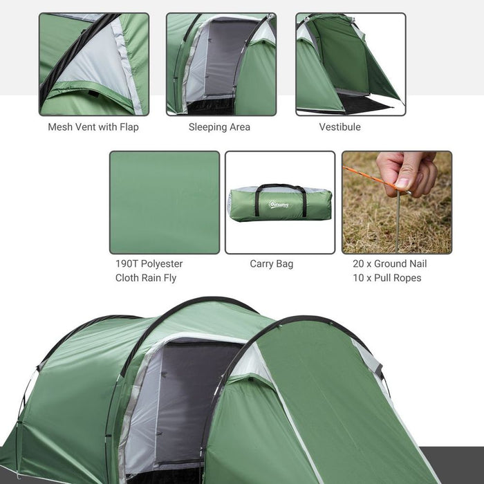 Outsunny 3 Man Camping Tent with Porch and Rainfly, Green