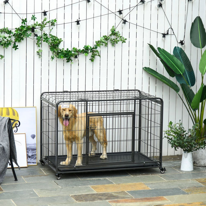 Extra Large 81x125cm Metal Dog Cage Kennel Locking Door & Wheels - High-Quality from Pawhut