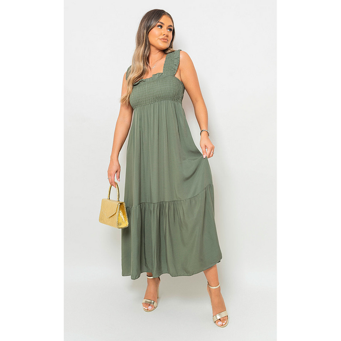 Wide Ruffle Strap Smocked Midi Dress